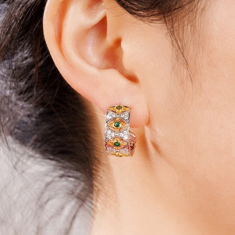 Huitan Two-Tone Hoop Earrings – Green & White Cubic Zirconia