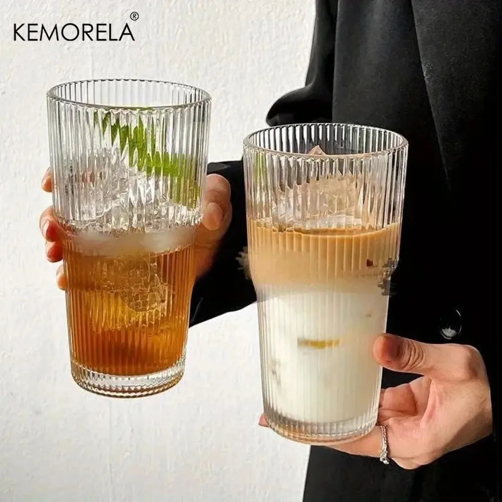 KEMORELA 600ml Stripe Glass Cup with Lid & Straw