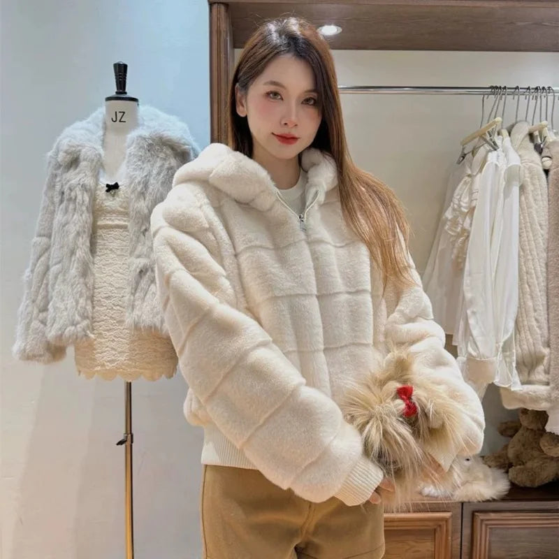 Women's Faux Mink Hoodie Jacket – Korean Style Winter Coat