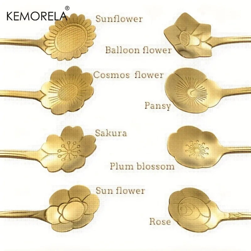 8-Piece Golden Flower Mini Spoon Set – Stainless Steel Dessert