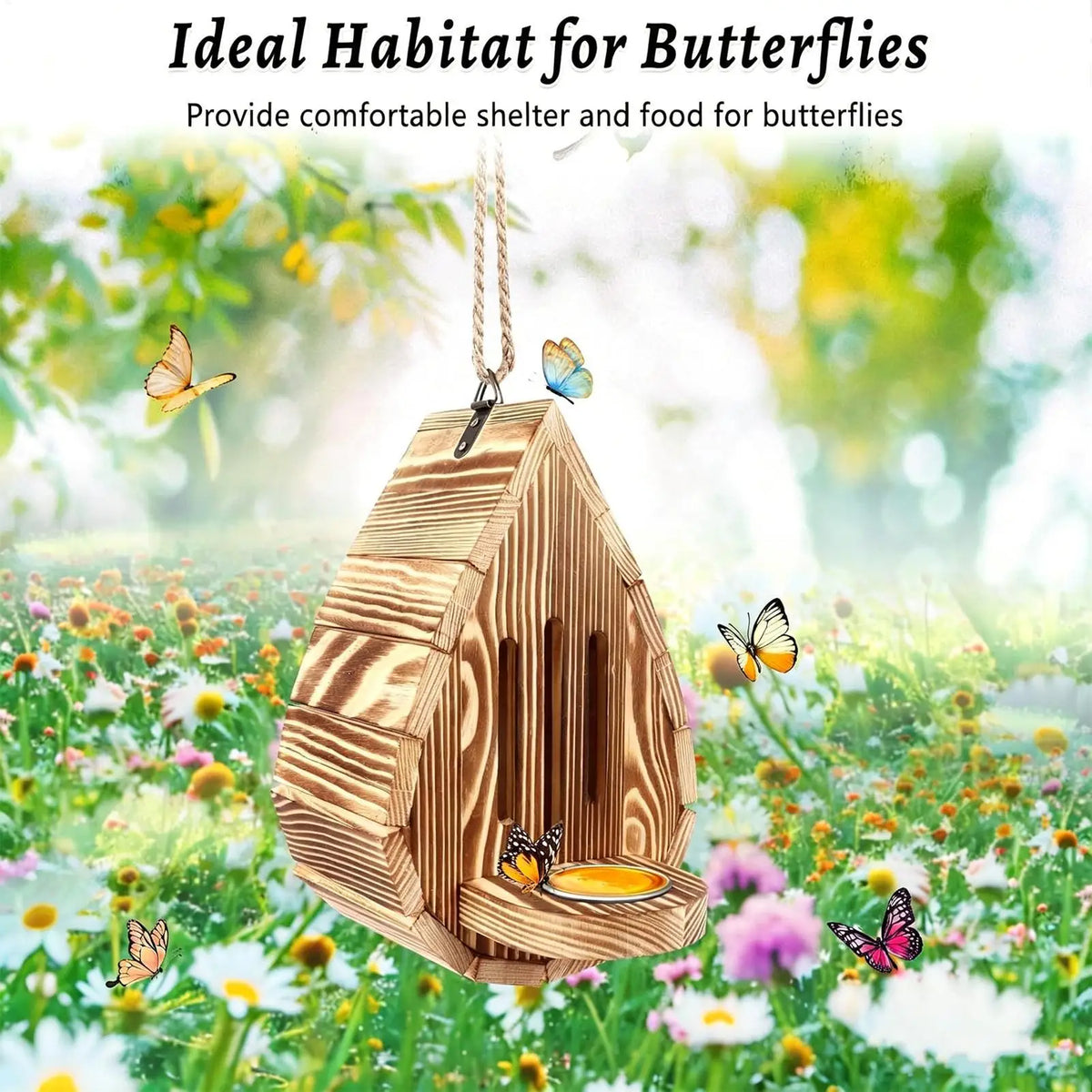 Wooden Butterfly House & Feeder – Hangable Garden Habitat