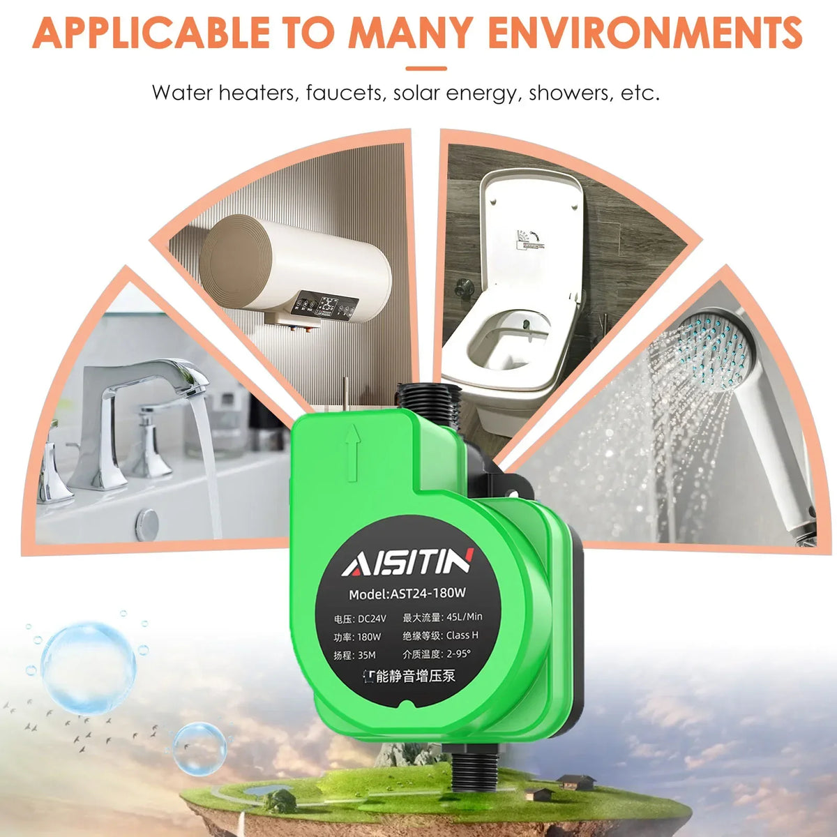 AISITIN 180W 24V Auto Booster Pump for Low Water Pressure Home