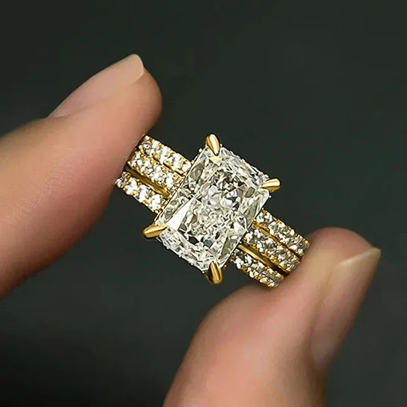 Huitan 3-Piece CZ Bridal Ring Set – Rectangular Wedding Rings
