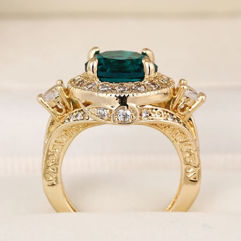 Huitan Green CZ Ring for Women – Gold-Tone Wedding Band | Size 5–14