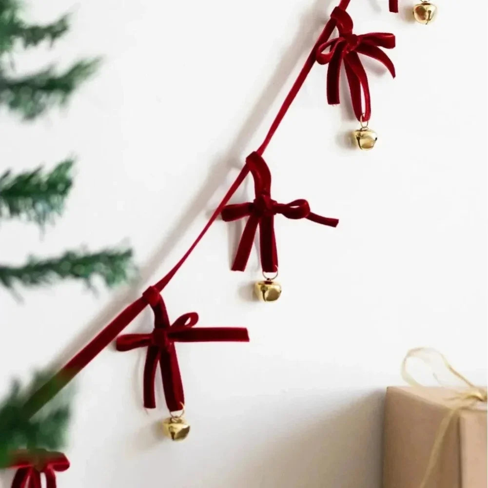 Christmas Velvet Bow Bell Garland 180cm | Holiday Tree Decor