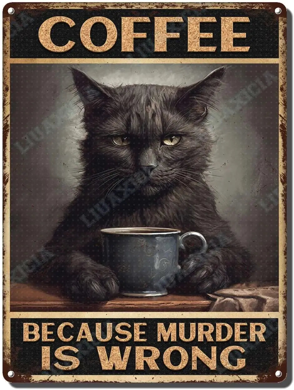 Funny Black Cat Coffee Vintage Metal Tin Sign – 12x16 Inch