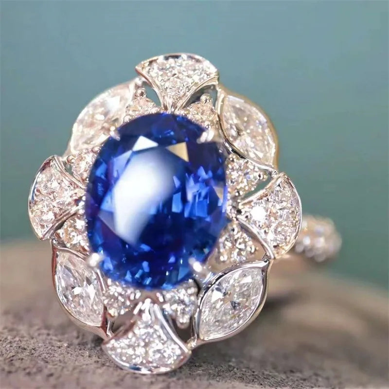 Huitan Oval Blue Cubic Zirconia Ring – Women's Elegant Band
