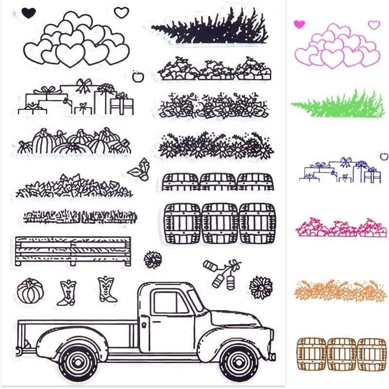 Autumn Farm Truck Clear Silicone Stamp – Pumpkin & Flowers