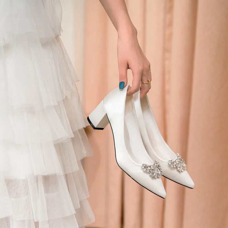 White Rhinestone Bridal Pumps – Pointed Toe Block Heel Sizes 34–43
