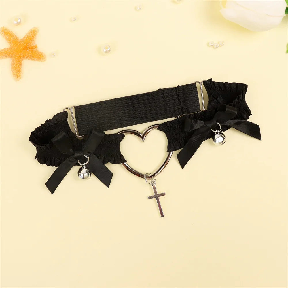 Lolita Lace Garters Leg Belt Punk Cross Heart Bow Ring Goth Elastic