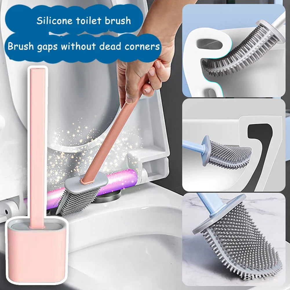 Silicone Toilet Brush & Holder Set – 360° Flexible Long Handle