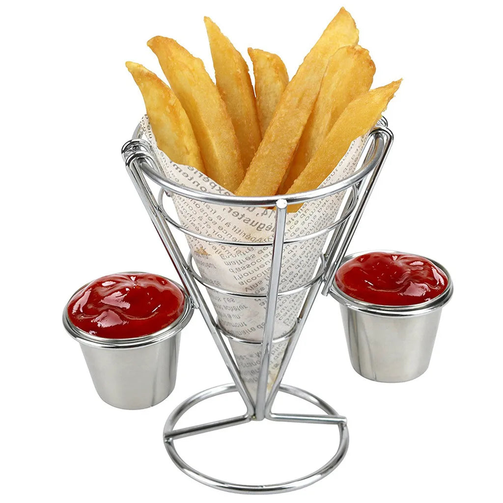 Stainless Steel French Fry Stand Cone Basket with Dip Cups
