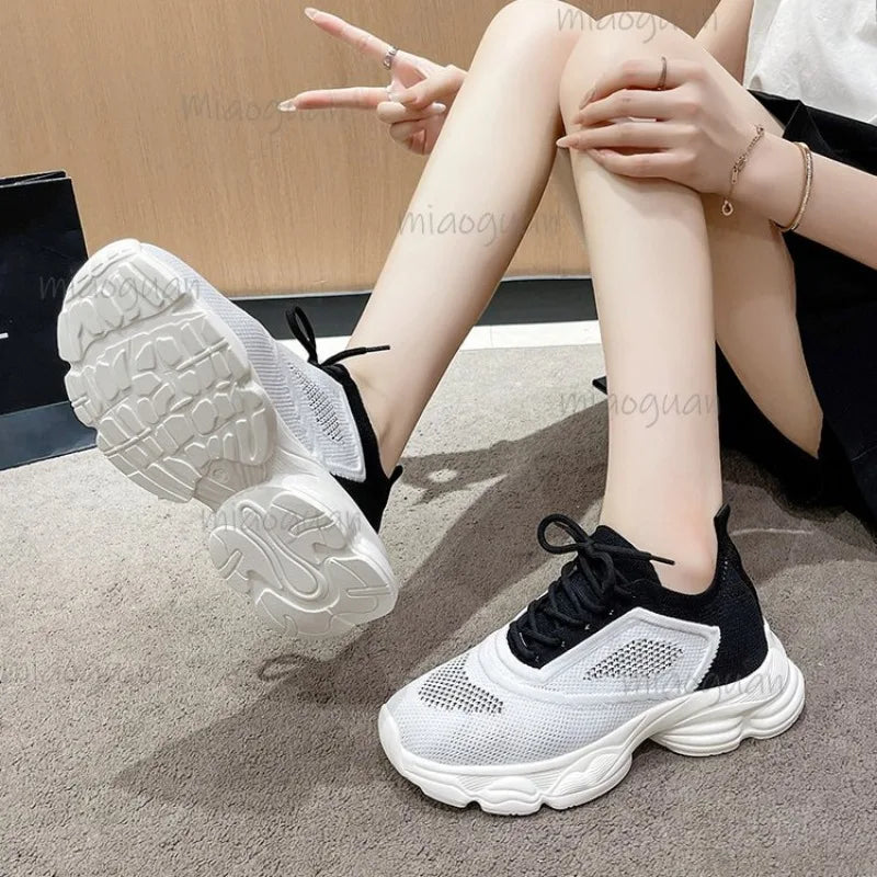 Women's Mixed Color Platform Sneakers – Lace-Up Casual Shoes