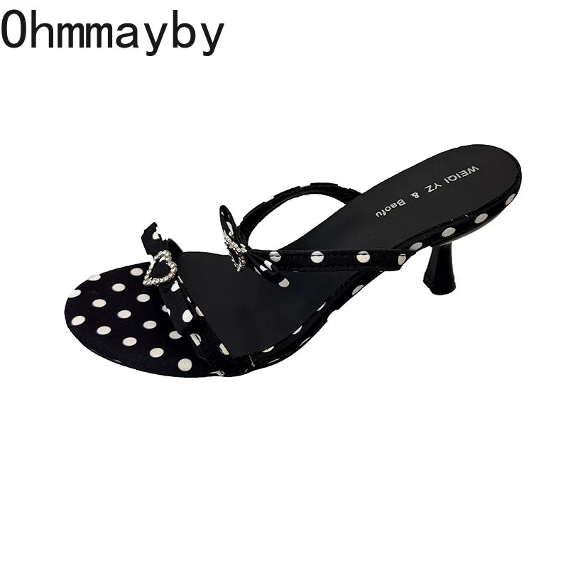 Rhinestone Kitten Heel Slippers – Polka Dot Women's Slides