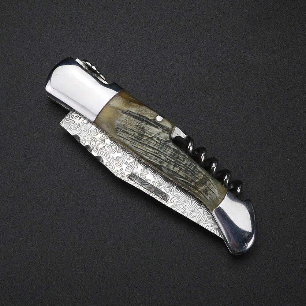 Damascus Steel Folding Knife – Sheep Horn Handle | XUAN FENG