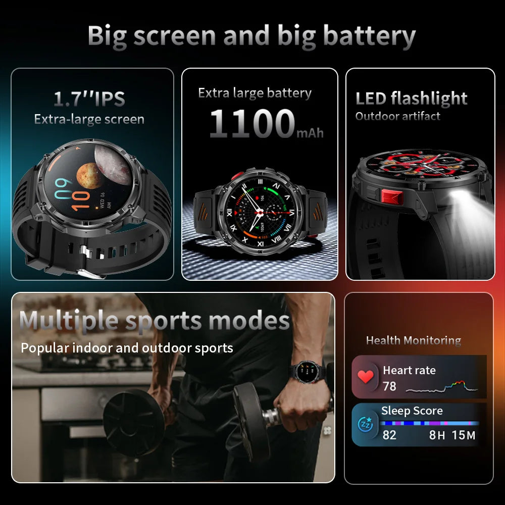 Yoateo Smart Watch – 1100mAh Battery, Bluetooth Call & Compass