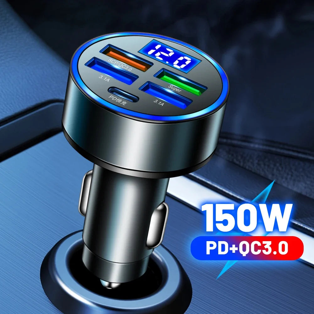 5-Port 250W PD QC3.0 USB Car Charger with LED Display