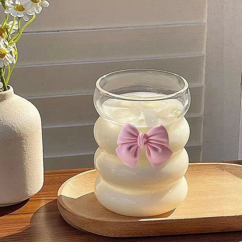 Cute Pink Bow Glass Cup – Borosilicate Striped Drinkware