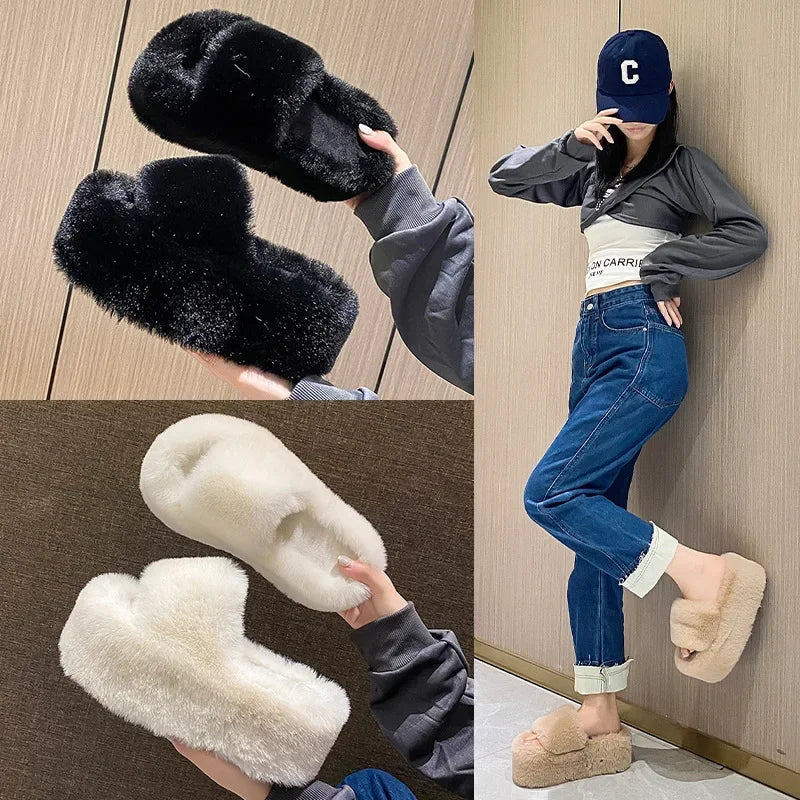 Women's Fluffy Platform Slides – Luxury Plush Fur Slippers