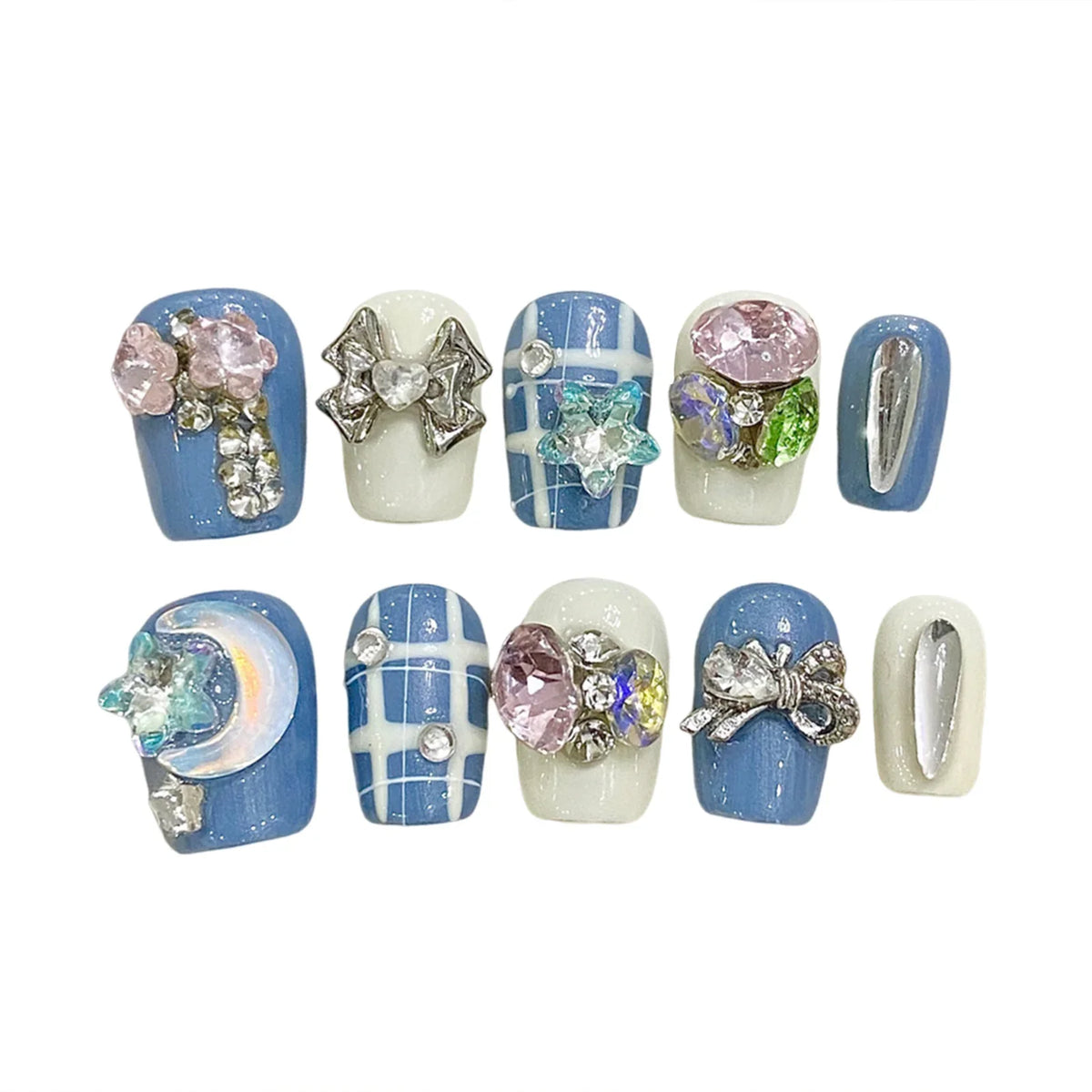Handmade Press Nails Short Square Plaid Pattern False Wearable Shiny