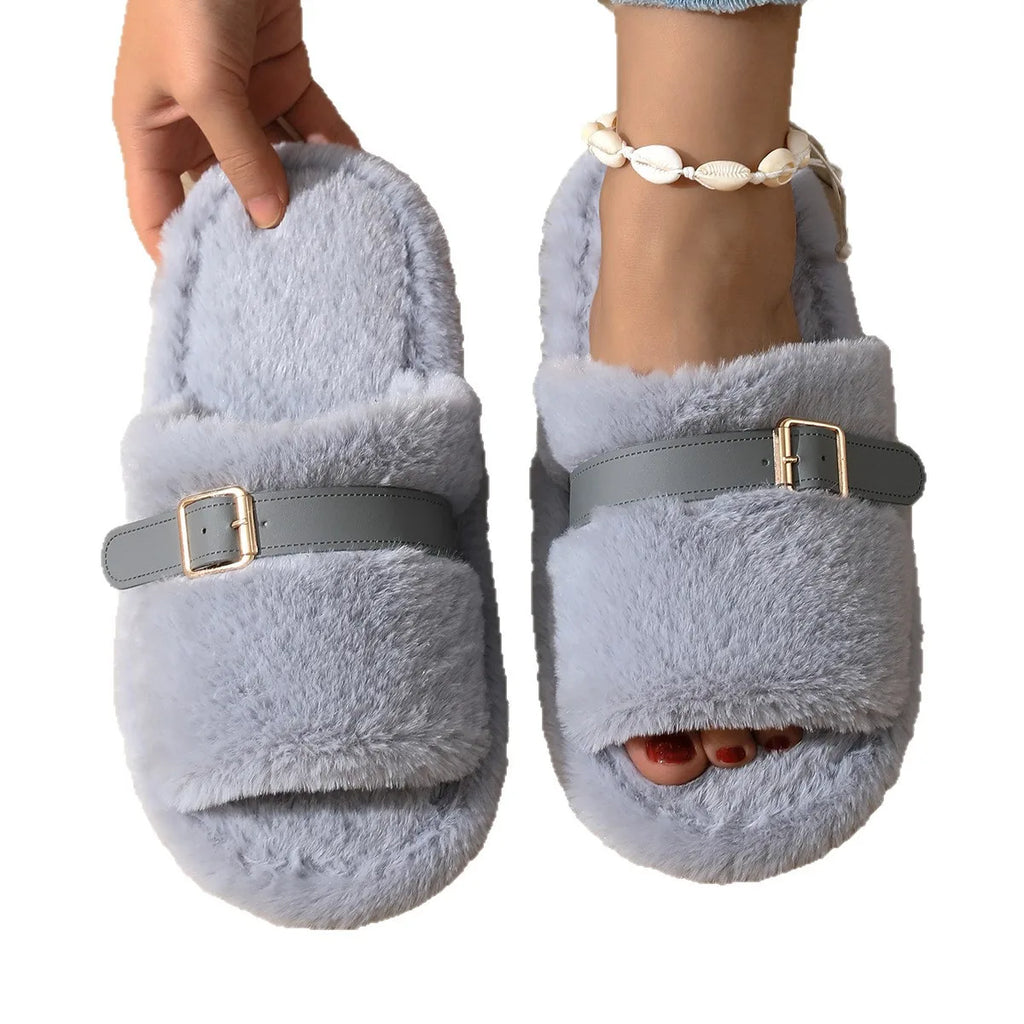 Women's Fluffy Wool Slippers – Warm Indoor Winter House Shoes