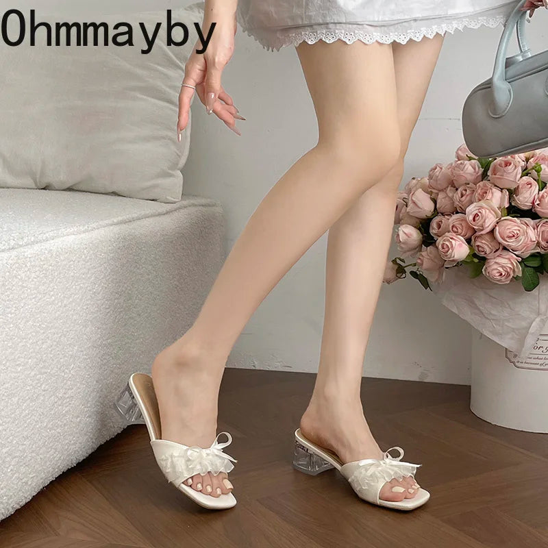 Crystal Heel Women's Mule Slippers – Butterfly-Knot Square Toe