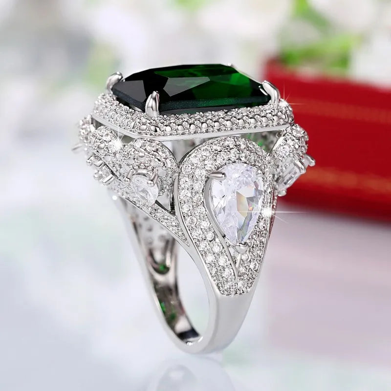 Huitan Green CZ Geometric Ring – Iced Out Silver Statement