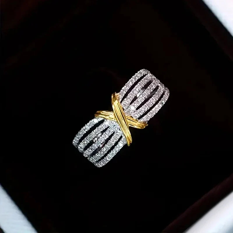 Huitan Two-Tone Cross Ring – Sparkling CZ Statement Ring