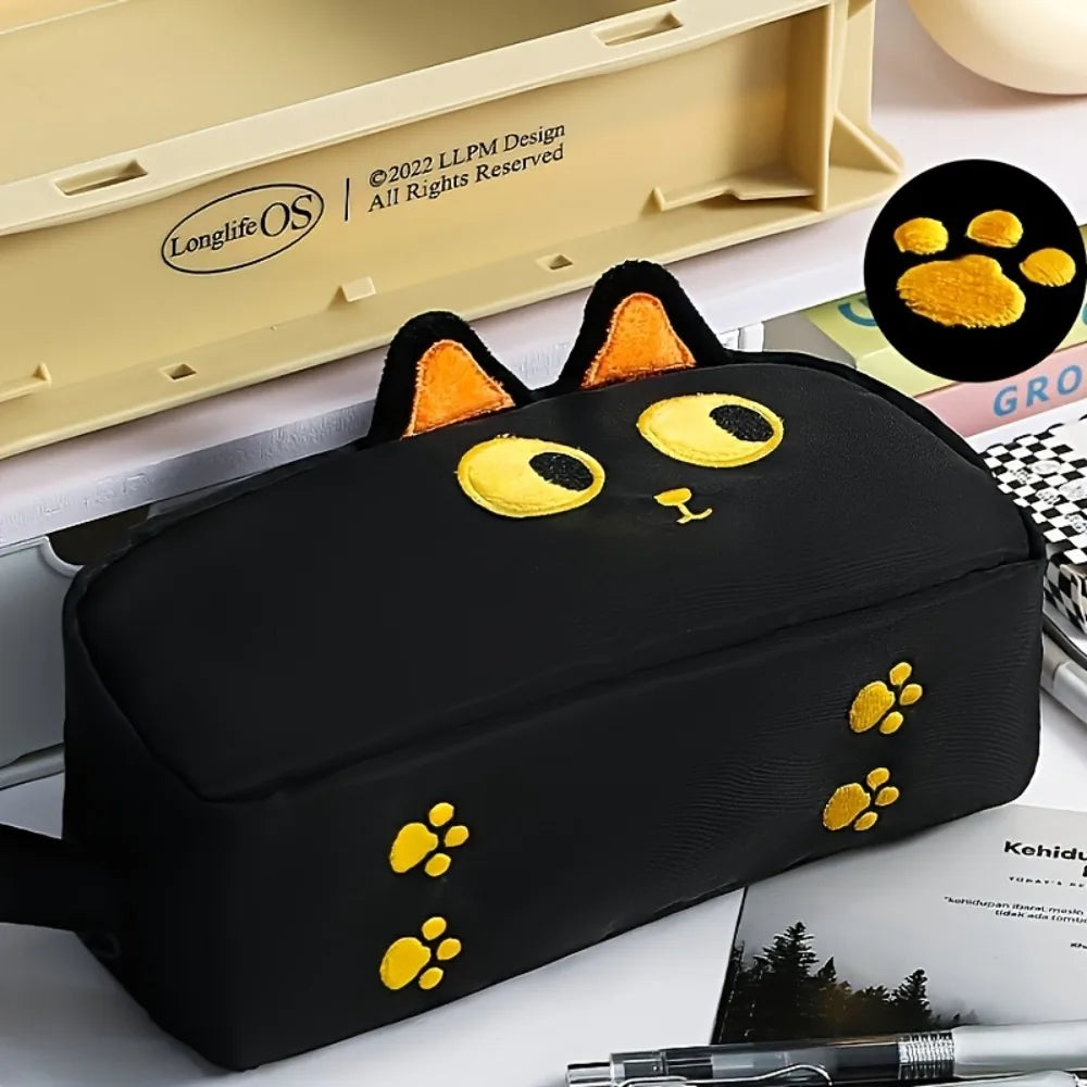 Cute 3D Black Cat Pencil Bag Large Capacity Polyester Pouch Paw