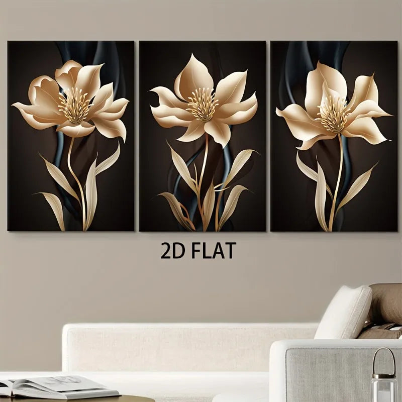 3-Piece Black & Gold Floral Canvas Wall Art | Modern Abstract