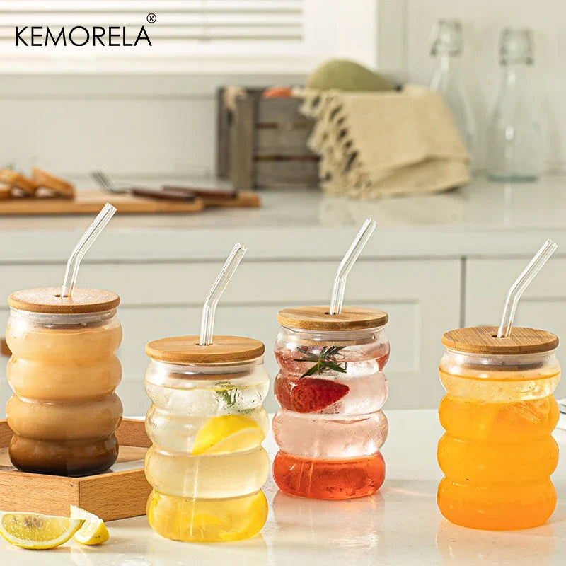 4-Pack Wave Borosilicate Glass Cups with Lid & Straw | KEMORELA