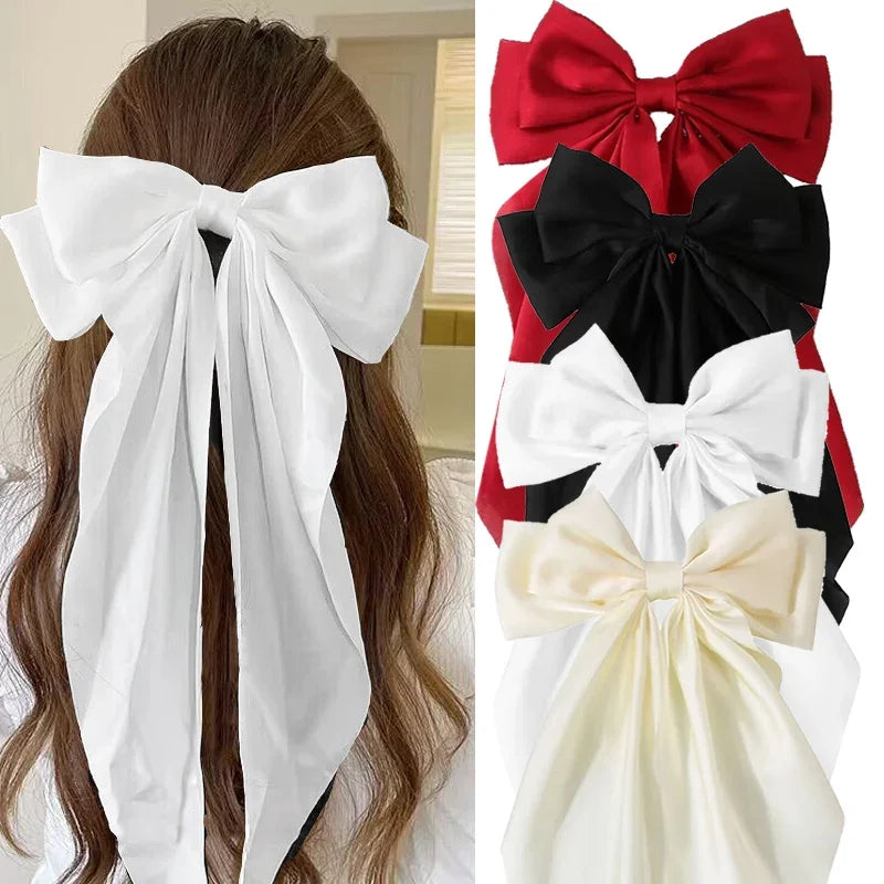 Solid Satin Bow Ribbon Hair Clips Women Elegant Bowknot Hairpins