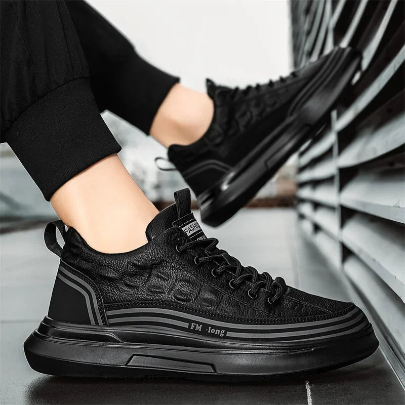 YBQJOO Men's Black Platform Sneakers – Casual Lace-Up Shoes