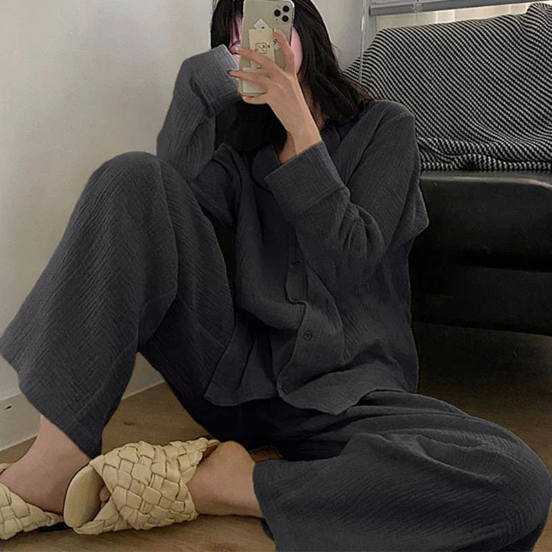 Women's Korean 2-Piece Pajama Set – Casual Long Sleeve Lounge