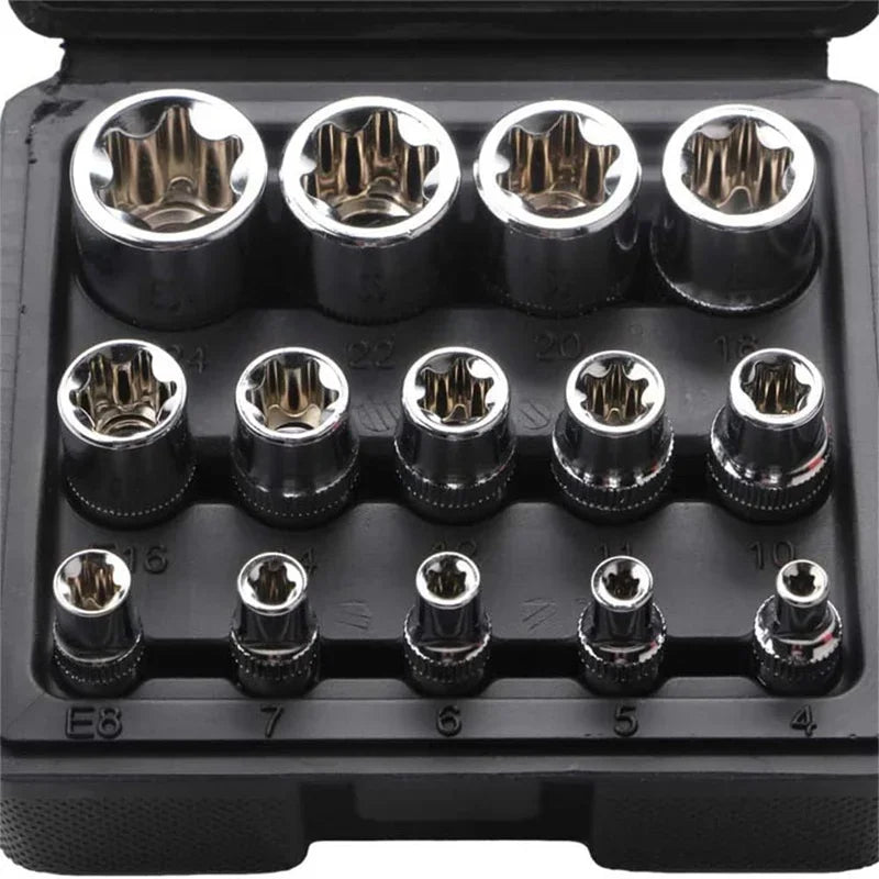 14-Pc Female E-Torx Socket Set E4–E24 | 1/4, 3/8 & 1/2 Drive
