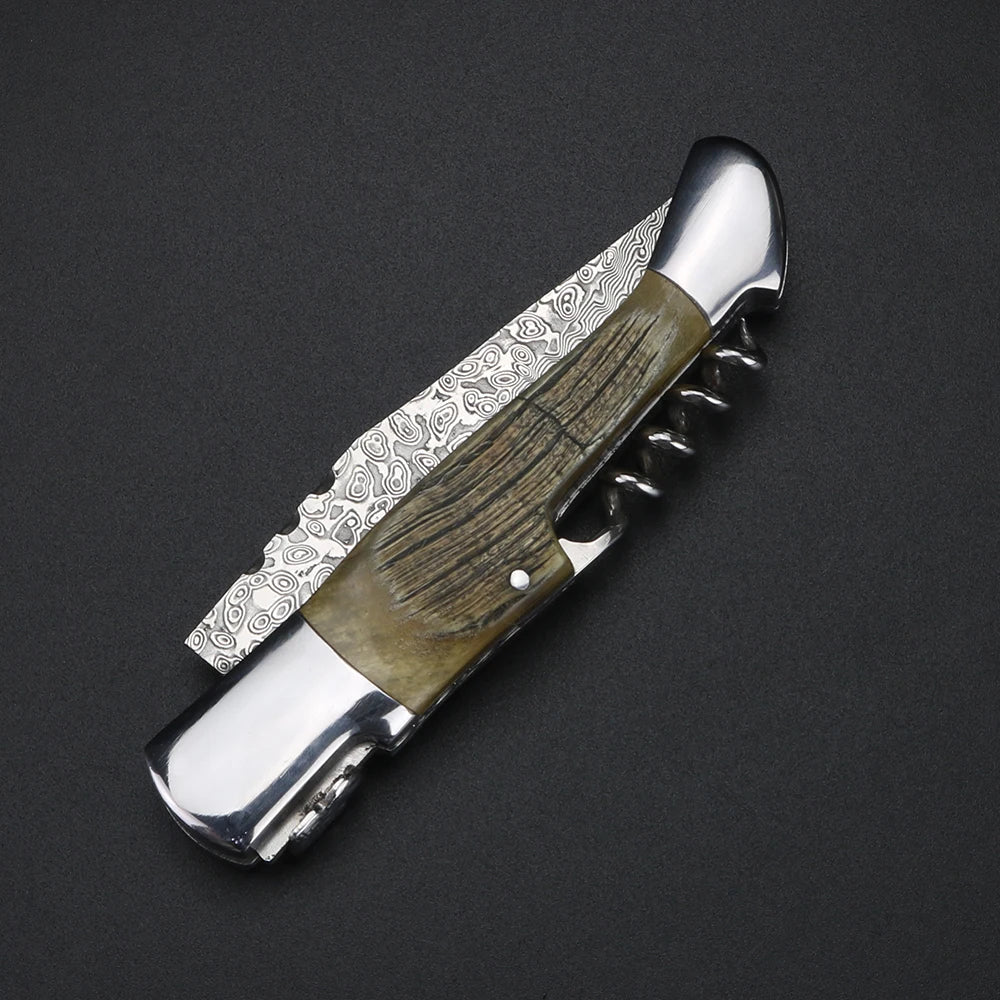 Damascus Steel Folding Knife – Sheep Horn Handle | XUAN FENG