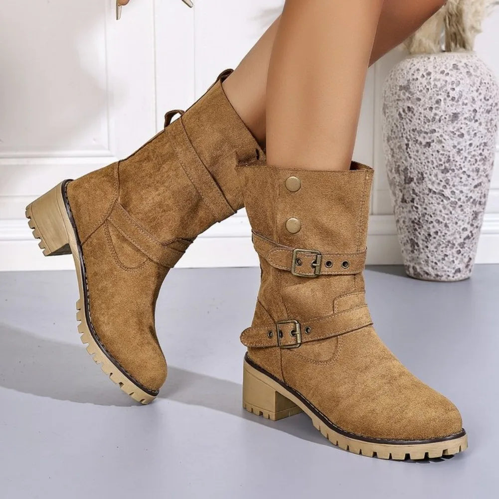 VKJF Women's Vintage Western Mid-Calf Boots | Buckle Slip-On
