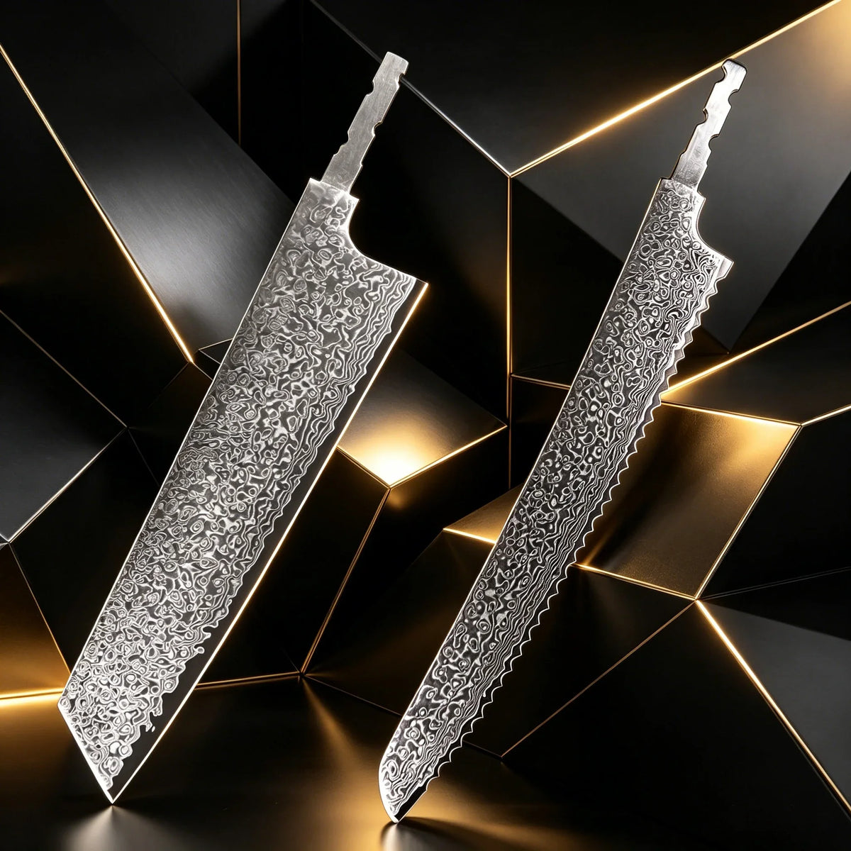 Damascus Steel Kiritsuke & Bread Knife Blade Set | DIY Kit