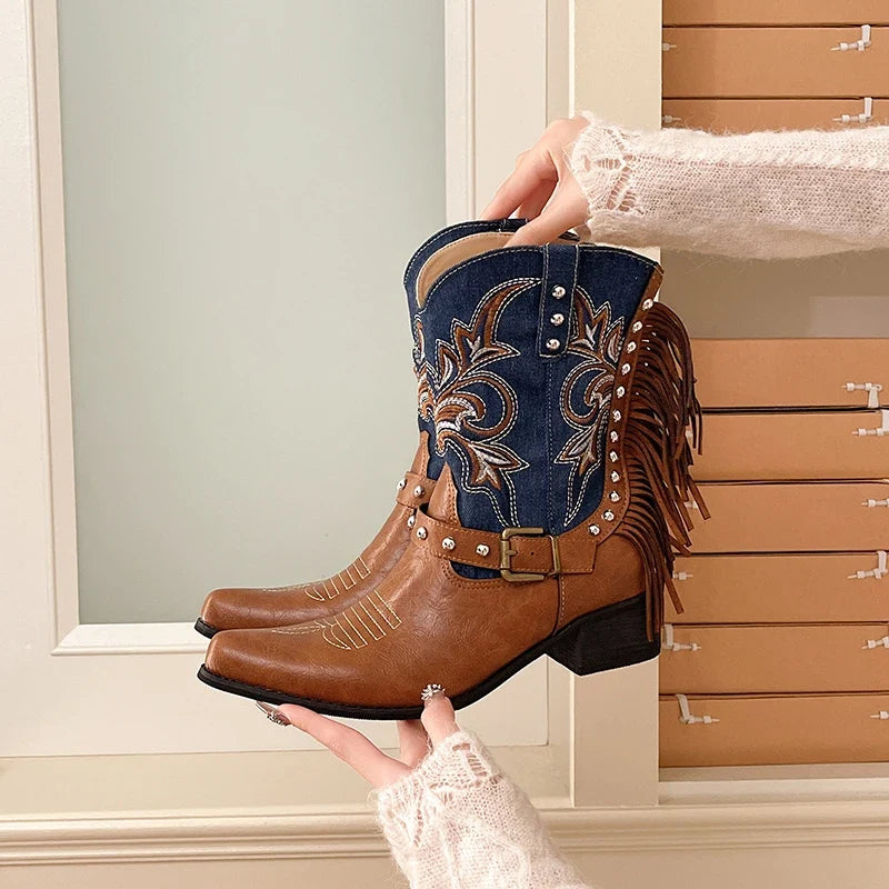 Women's Western Cowboy Boots – Embroidered Studded Block Heel