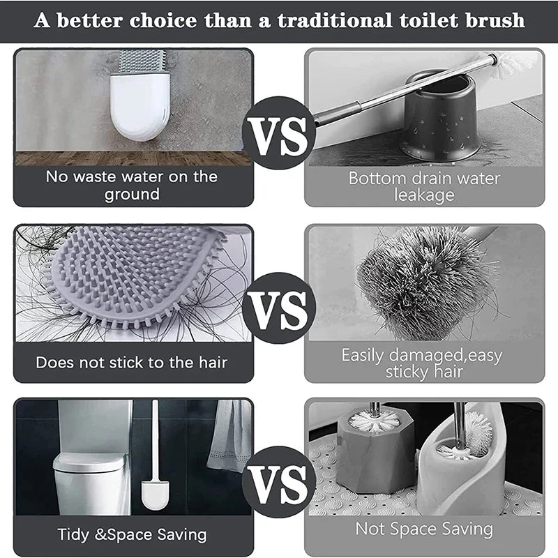 Silicone Toilet Brush & Wall-Mount Holder Set | Flexible Flat Head