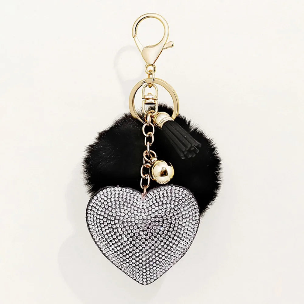 Faux Fur Plush Ball Keychain – Rhinestone Heart Bag Charm