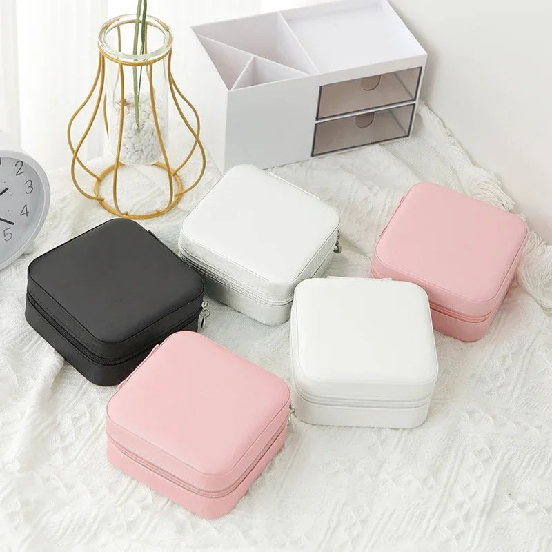 Travel PU Leather Jewelry Box – Zipper Case | Black, Pink, White
