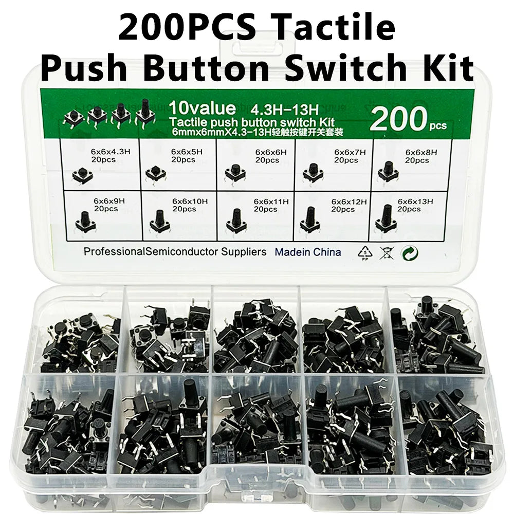 200PCS 6x6mm Micro Tactile Push Button Switch Kit – 10 Types