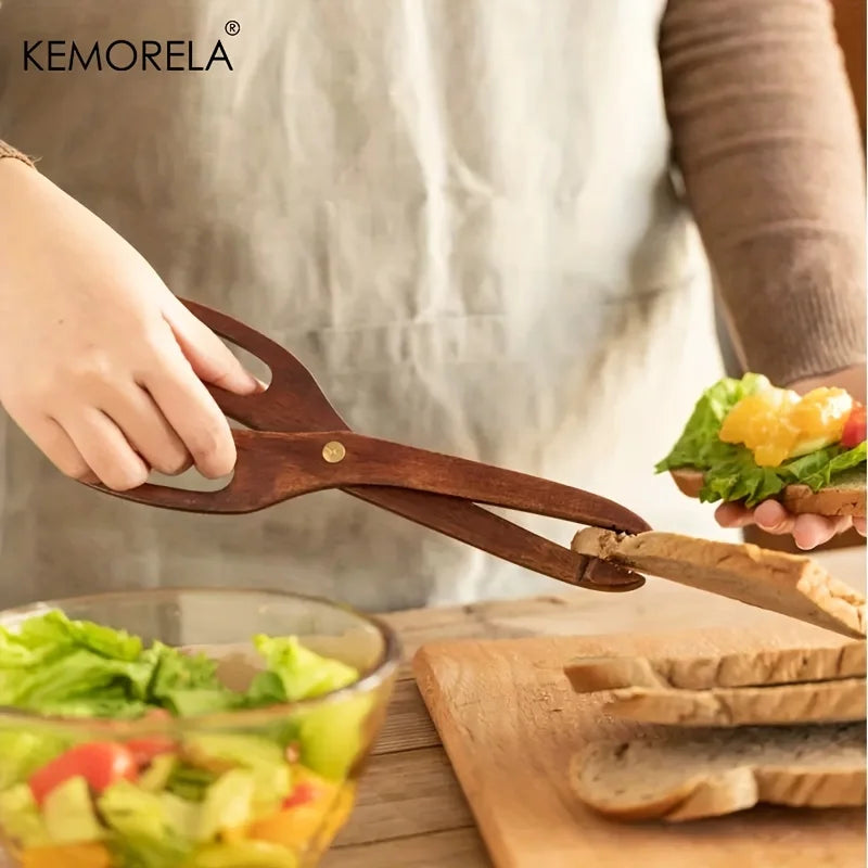 Wooden Scissor Kitchen Tongs – Non-Slip Salad & Grill Tongs