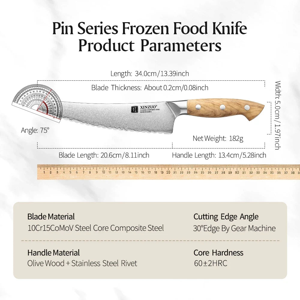 XINZUO 8-Inch Composite Steel Frozen Food Knife – Olive Wood