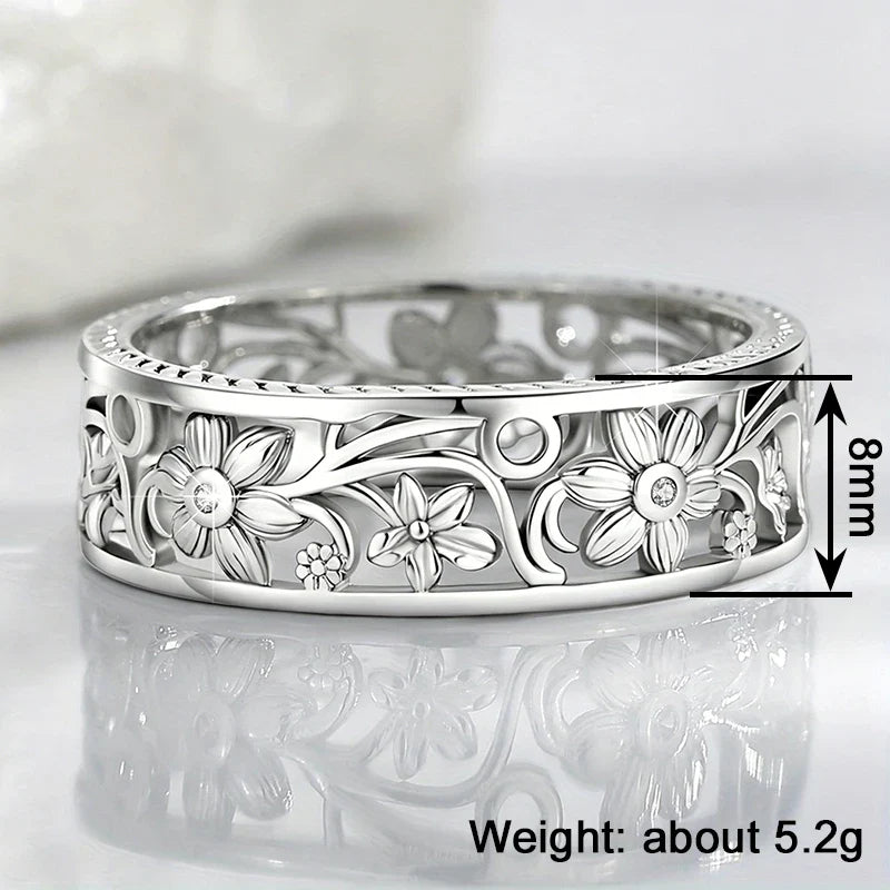 Huitan Silver Hollow Floral Ring – Women's Wedding Band
