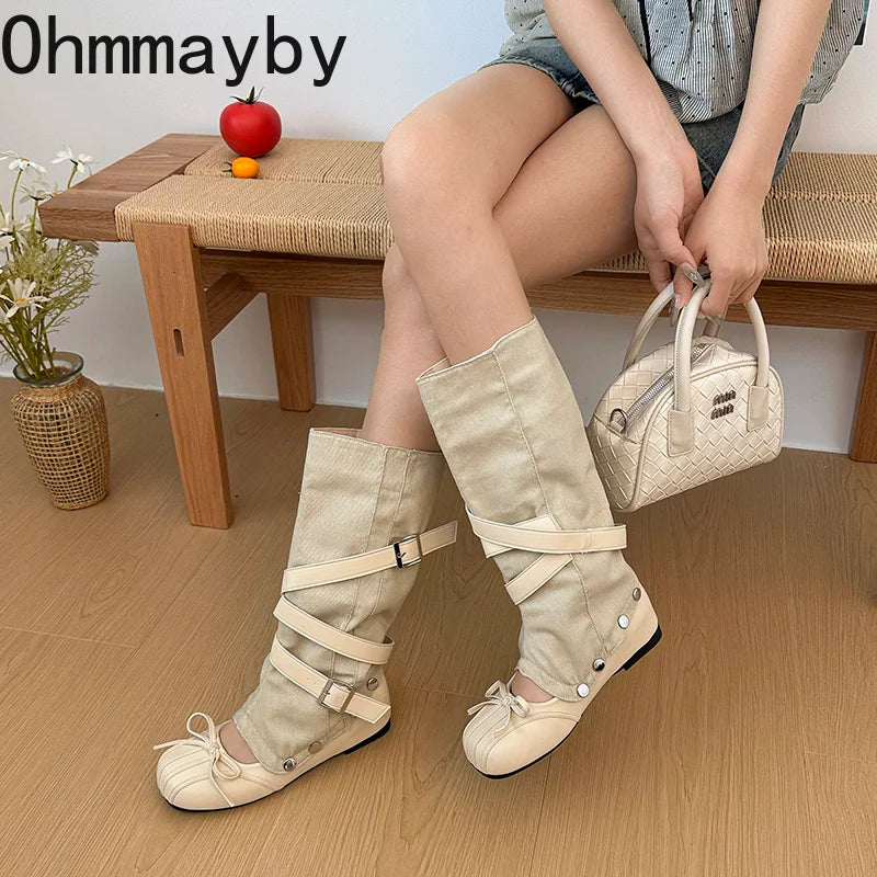 Y2K Knee-High Flat Boots – Double Buckle Bow Slip-On Booties