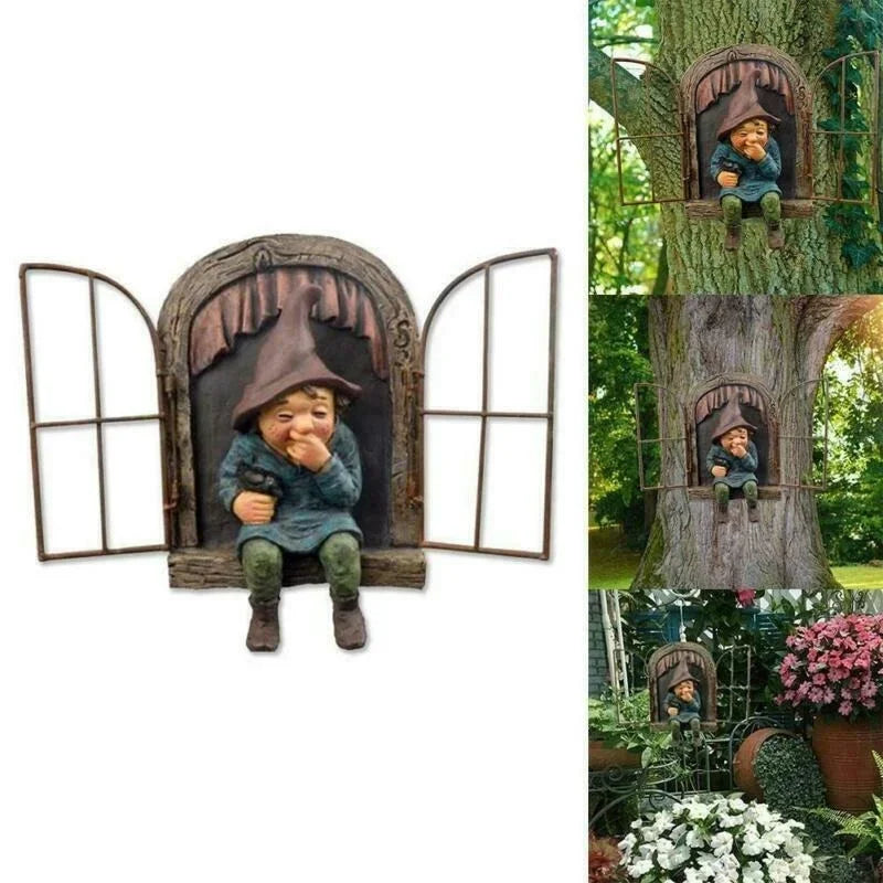 Funny Gnome Elf Peeking Door Statue | Outdoor Garden Figurine