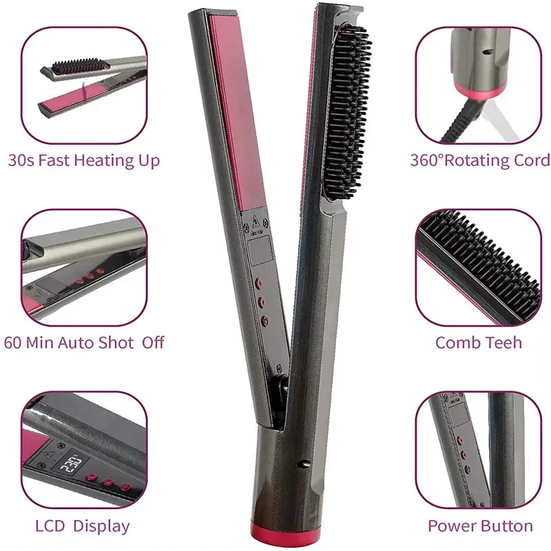 2-in-1 Negative Ion Hair Straightener Brush & Curling Comb