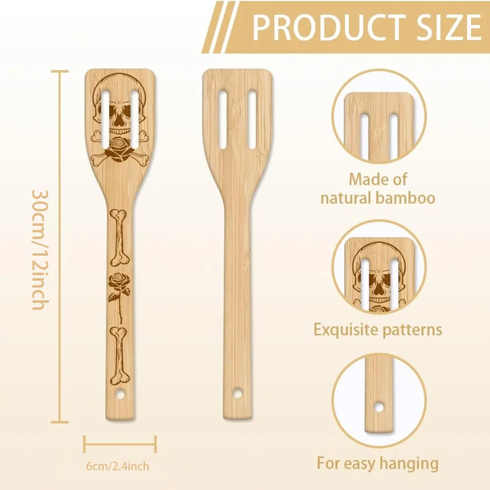 Skeleton Bamboo Cooking Utensils | Gothic Engraved 6-Piece Set